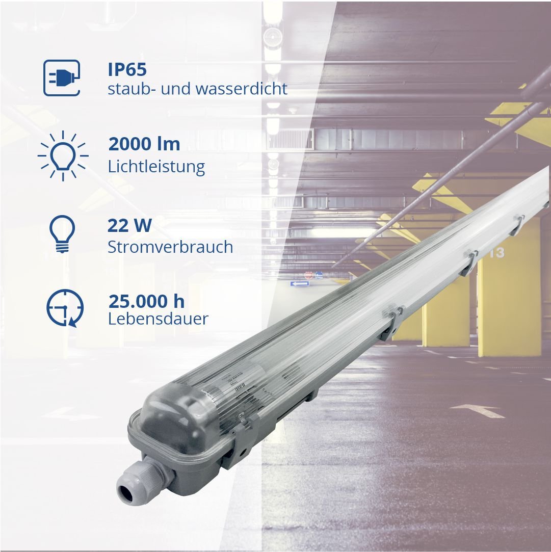 LED-Wannenleuchte, 22 W, 2000 lm, 4500 K, 158,5 cm, IP65, 1 flammig.