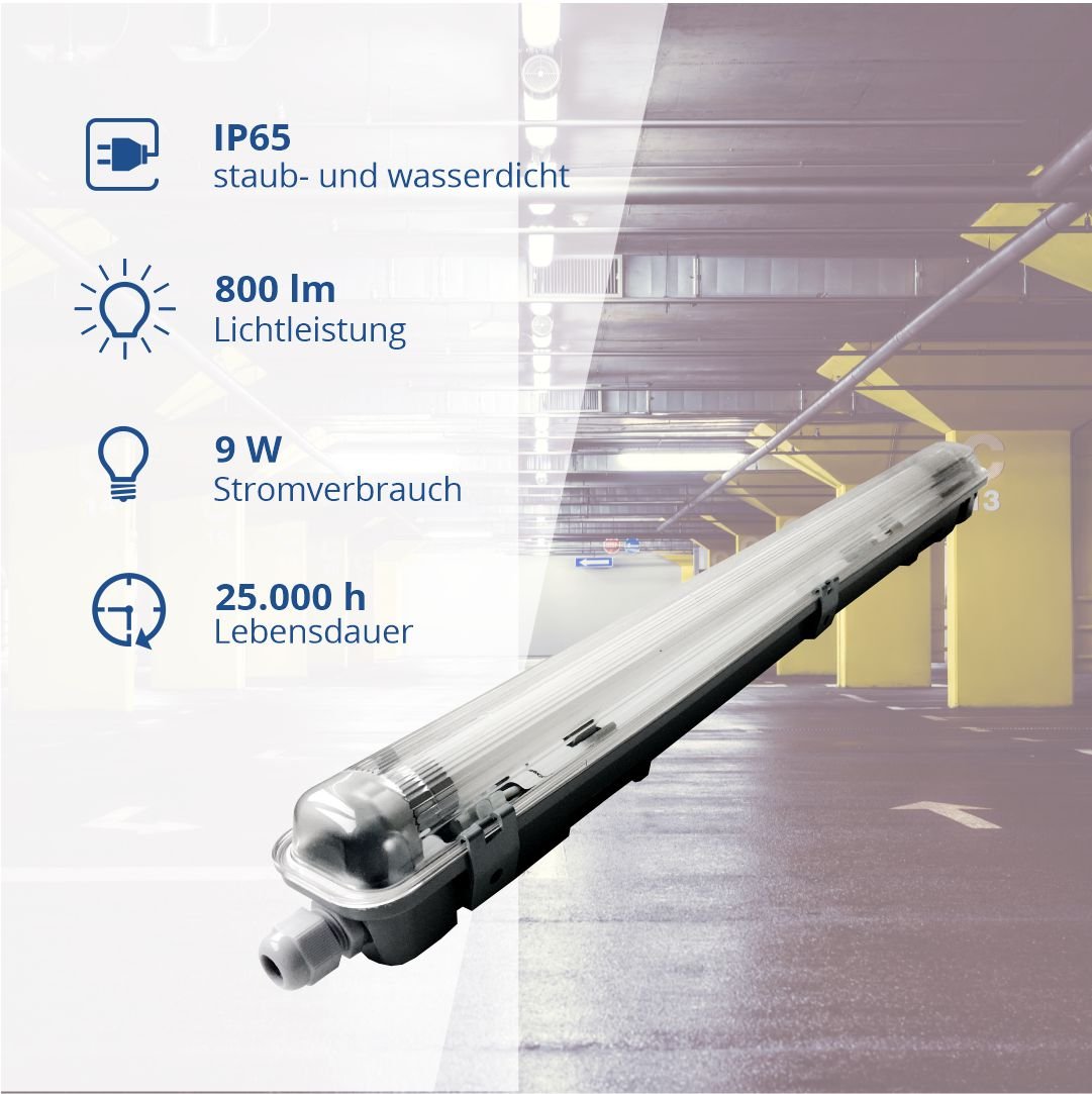 LED-Wannenleuchte, 9 W, 800 lm, 6000 K, 68,0 cm, IP65, 1 flammig.