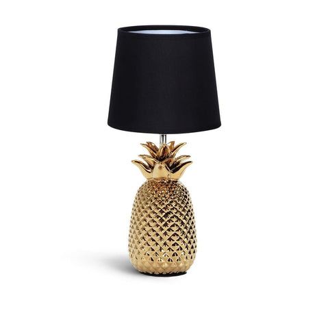 Moderne goldfarbene Tischleuchte in Ananas-Optik mit schwarzem Stoffschirm.