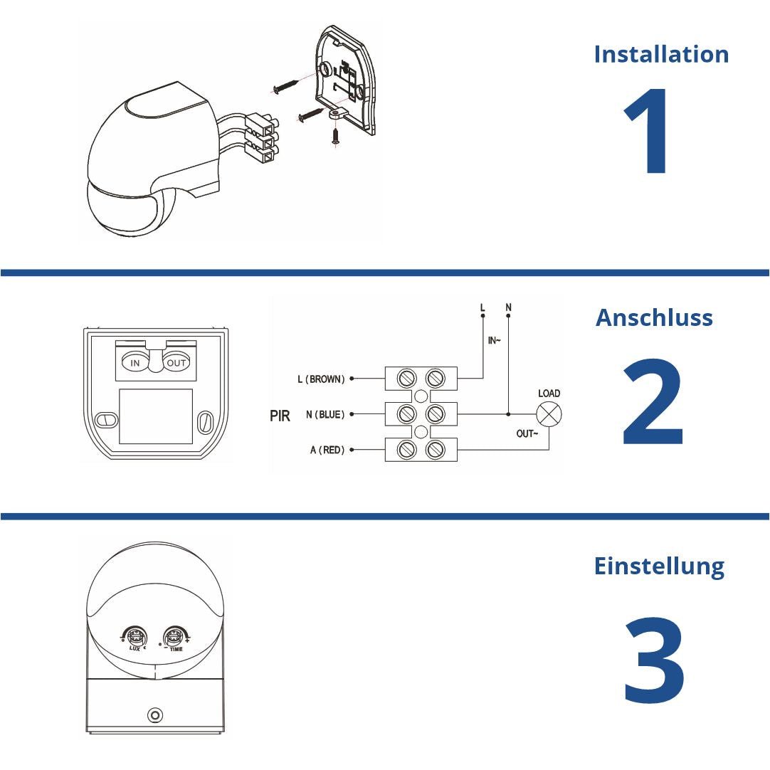 PIR-Bewegungsmelder, IP54, 110-240 V AC, Distanz: 12 m, 180°, Lux: 10-2000.