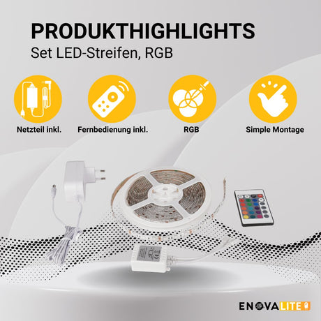 Set LED-Streifen, RGB, 5 Meter Länge, 60LED/m, 12 V, 10 mm, inklusive Fernbedienung und Netzteil.
