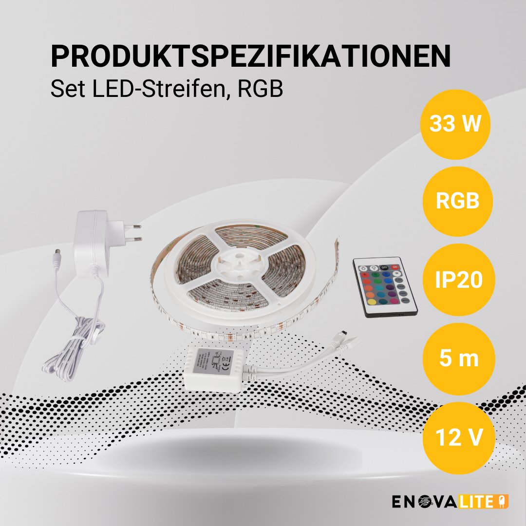 Set LED-Streifen, RGB, 5 Meter Länge, 60LED/m, 12 V, 10 mm, inklusive Fernbedienung und Netzteil.