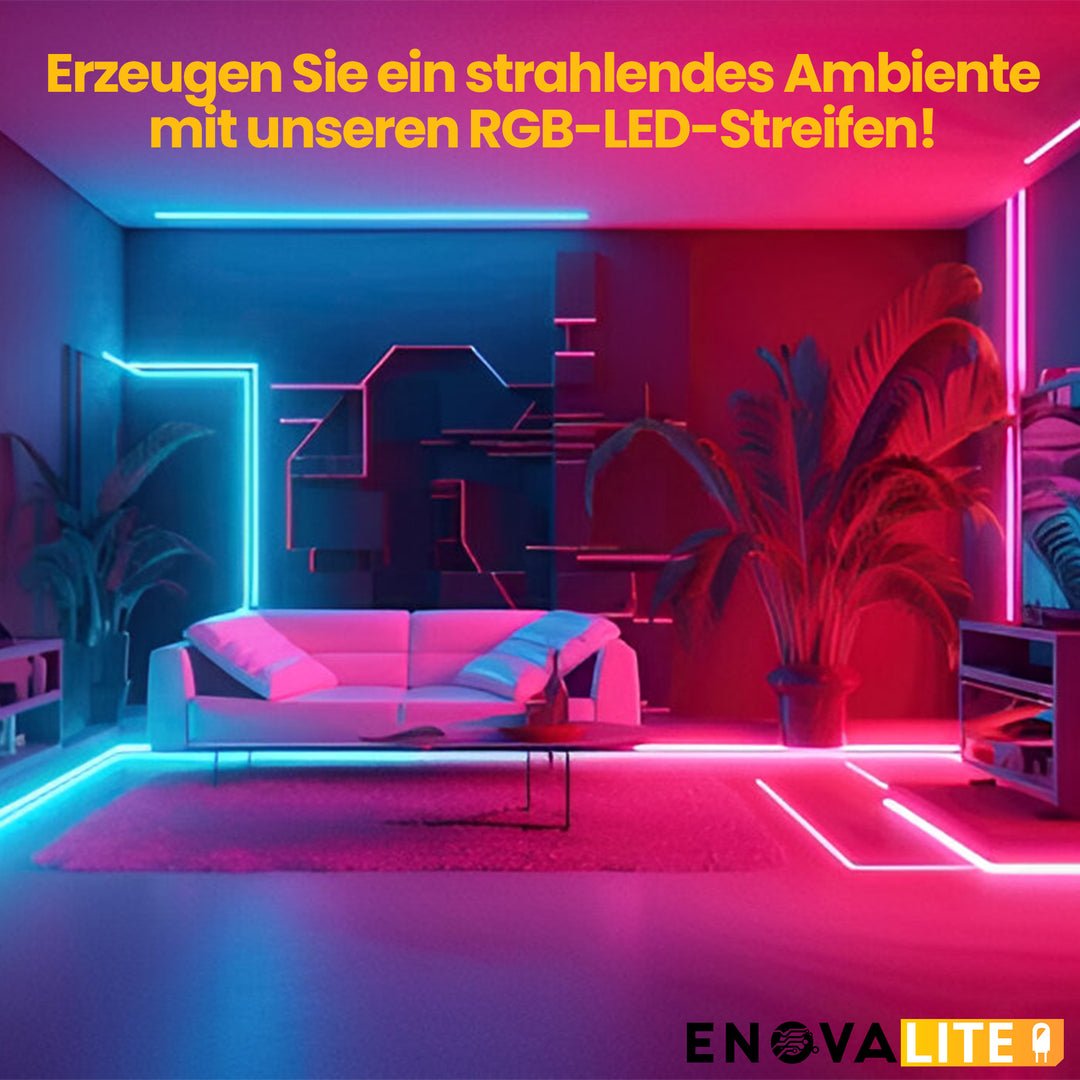 Set LED-Streifen, RGB, 5 Meter Länge, 60LED/m, 12 V, 10 mm, inklusive Fernbedienung und Netzteil.