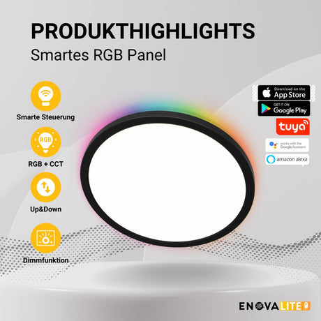 Smartes RGB Panel Up&Down, 36W, 3760lm, ø400x25mm, Wifi, Tuya App, CCT, dimmbar, schwarz  Lichttechnik24.de.