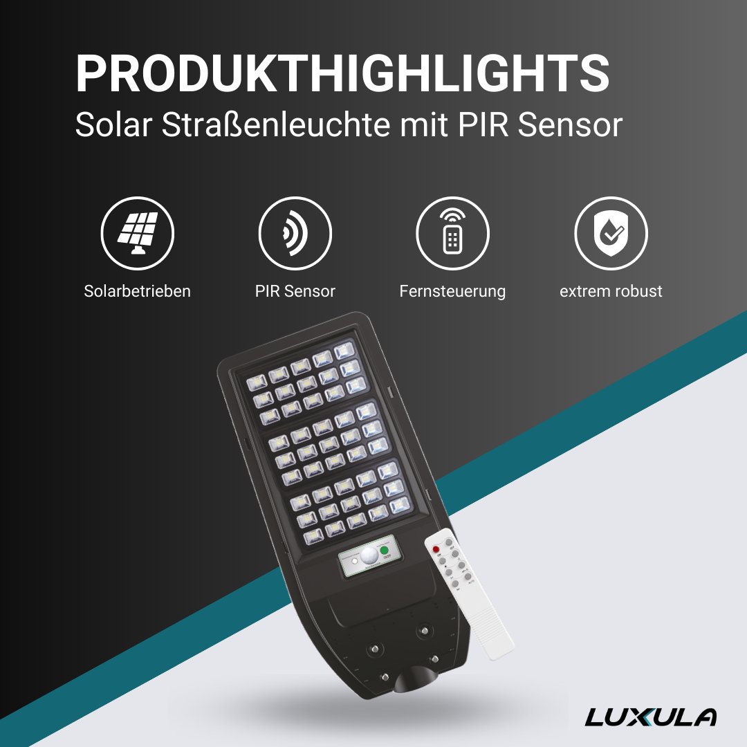 Solar-Straßenleuchte mit PIR Sensor, Parkplatzleuchte 10W PV, 1200lm, 6500K, IP54.