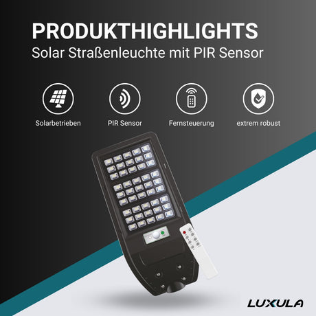 Solar-Straßenleuchte mit PIR Sensor, Parkplatzleuchte 10W PV, 1200lm, 6500K, IP54  Lichttechnik24.de.