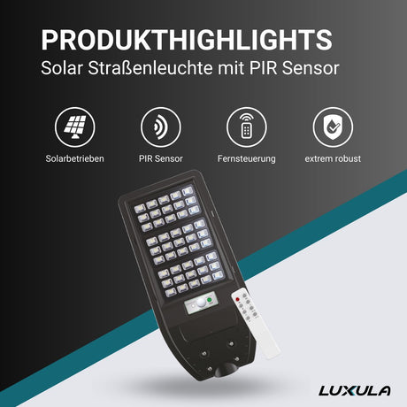 Solar-Straßenleuchte mit PIR Sensor, Parkplatzleuchte 10W PV, 1200lm, 6500K, IP54.