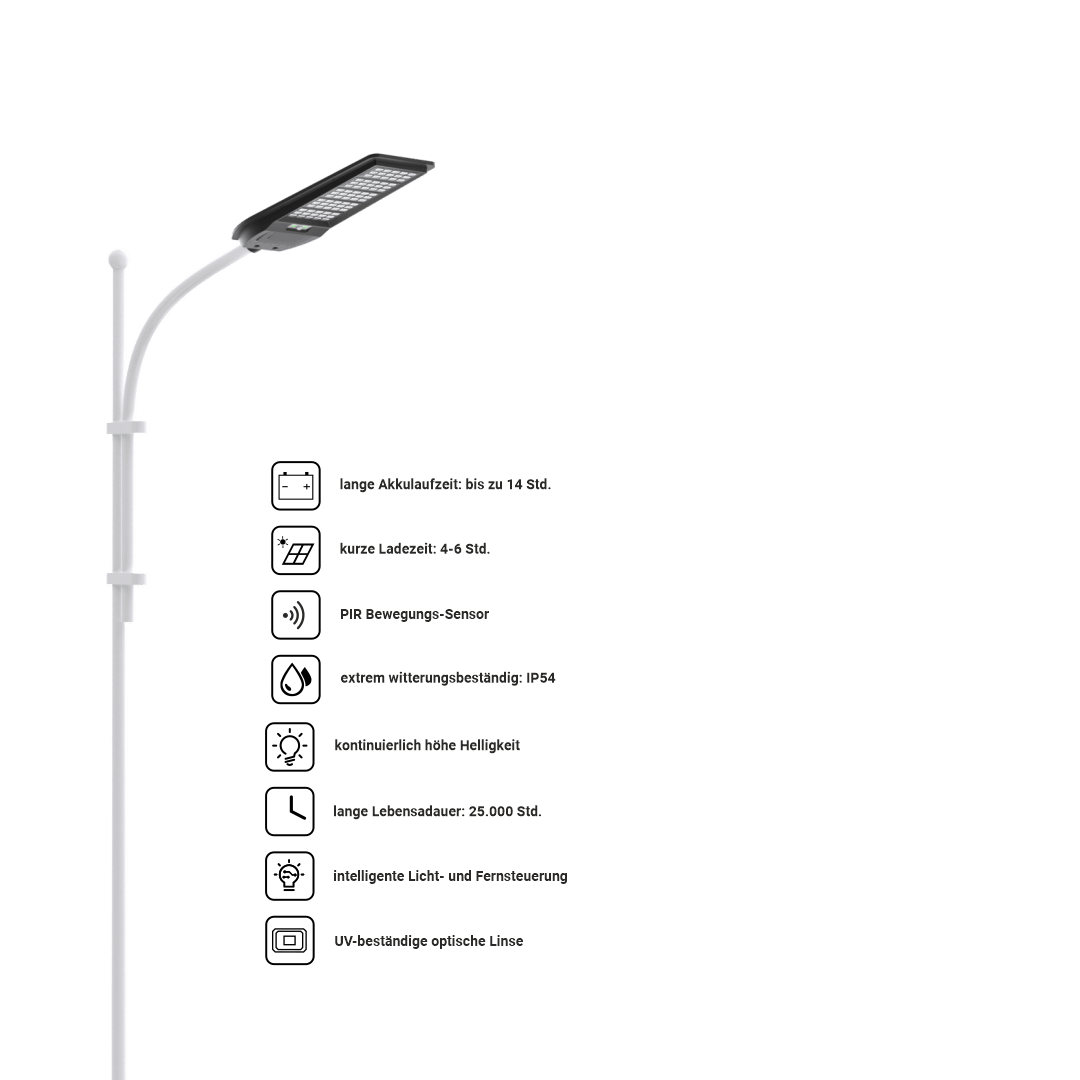 Solar-Straßenleuchte mit PIR Sensor, Parkplatzleuchte 10W PV, 1200lm, 6500K, IP54.