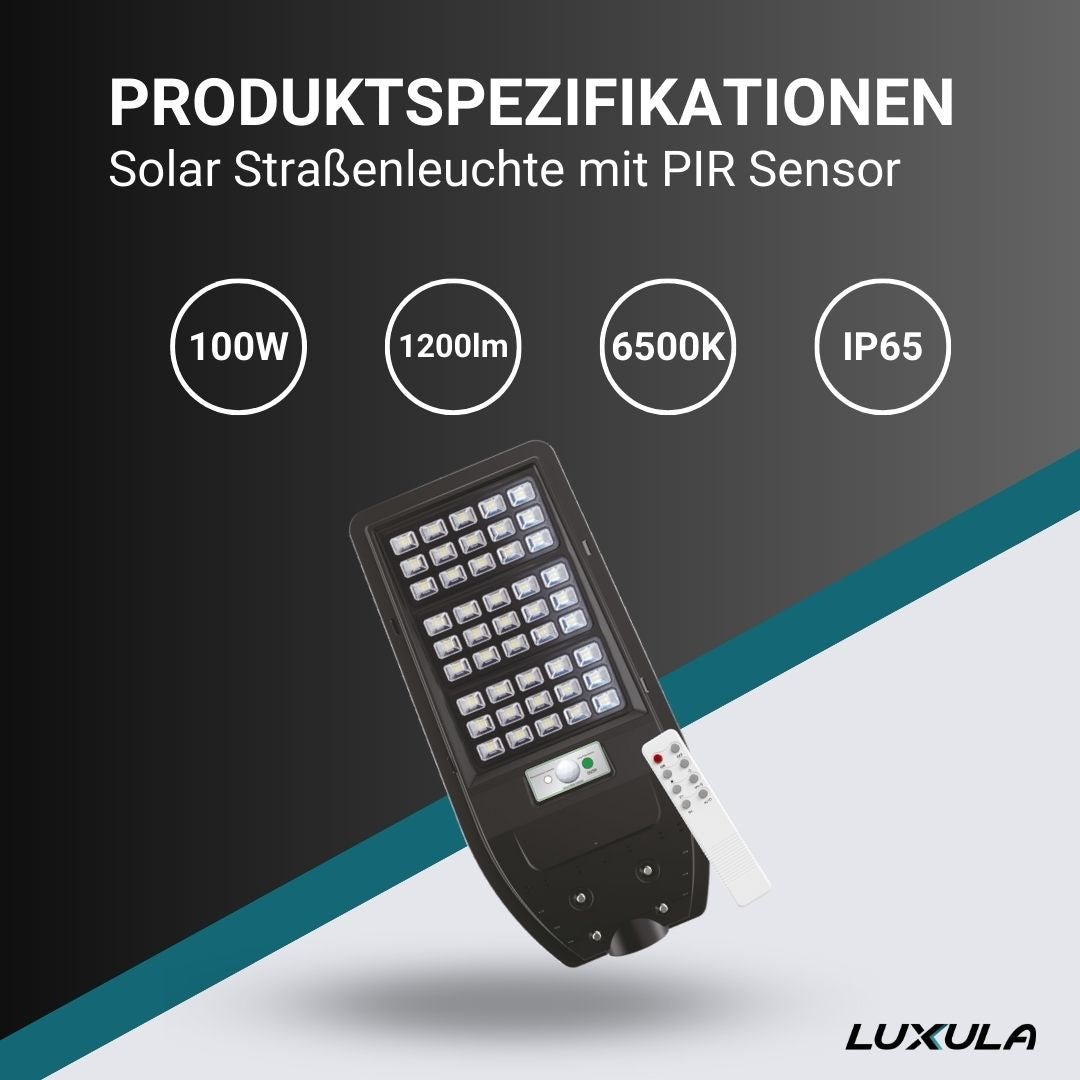 Solar-Straßenleuchte mit PIR Sensor, Parkplatzleuchte 10W PV, 1200lm, 6500K, IP54.