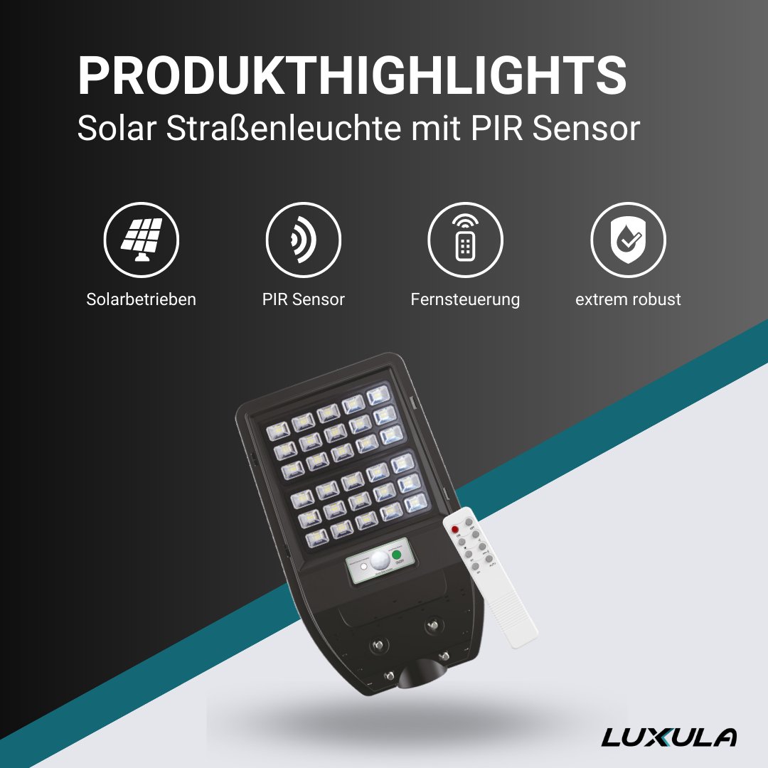 Solar Straßenleuchte mit PIR Sensor, Parkplatzleuchte, 5W PV, 600lm, 6500K, IP54.