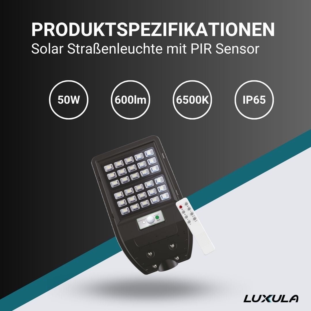 Solar Straßenleuchte mit PIR Sensor, Parkplatzleuchte, 5W PV, 600lm, 6500K, IP54.