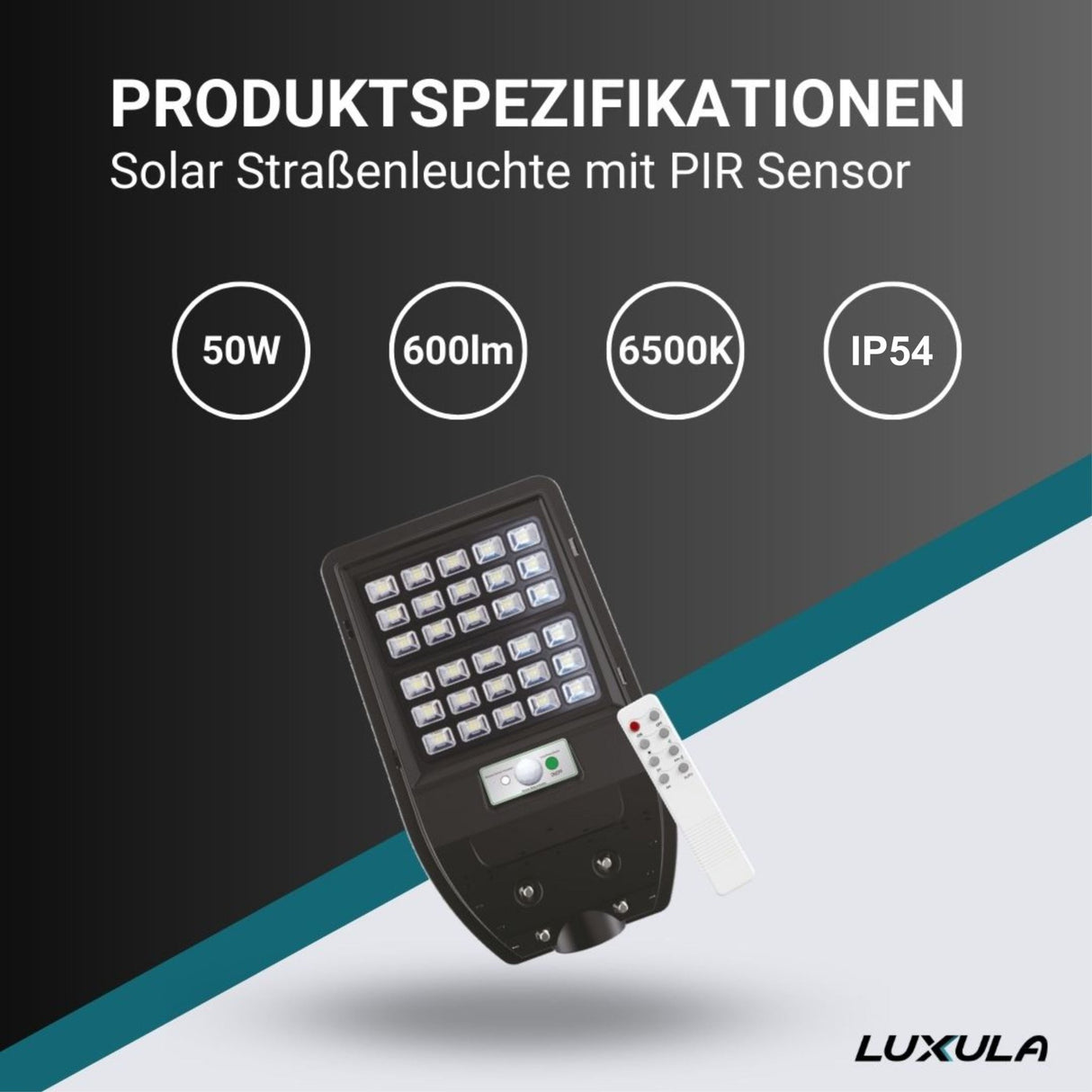 Solar Straßenleuchte mit PIR Sensor, Parkplatzleuchte, 5W PV, 600lm, 6500K, IP54.