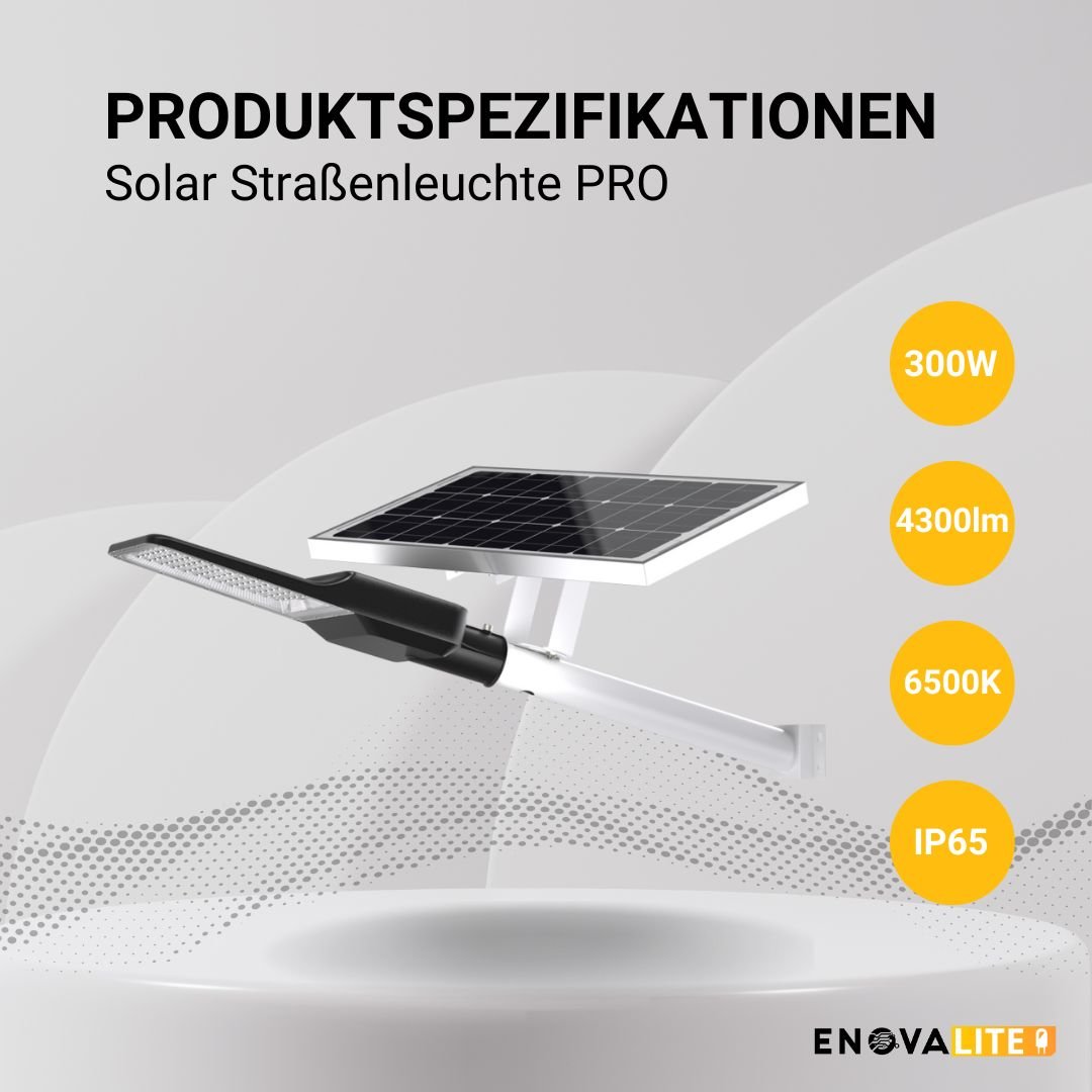 Solar-Straßenleuchte PRO, Parkplatzleuchte, 30W PV, 4300lm, 6500K, IP65  Lichttechnik24.de.