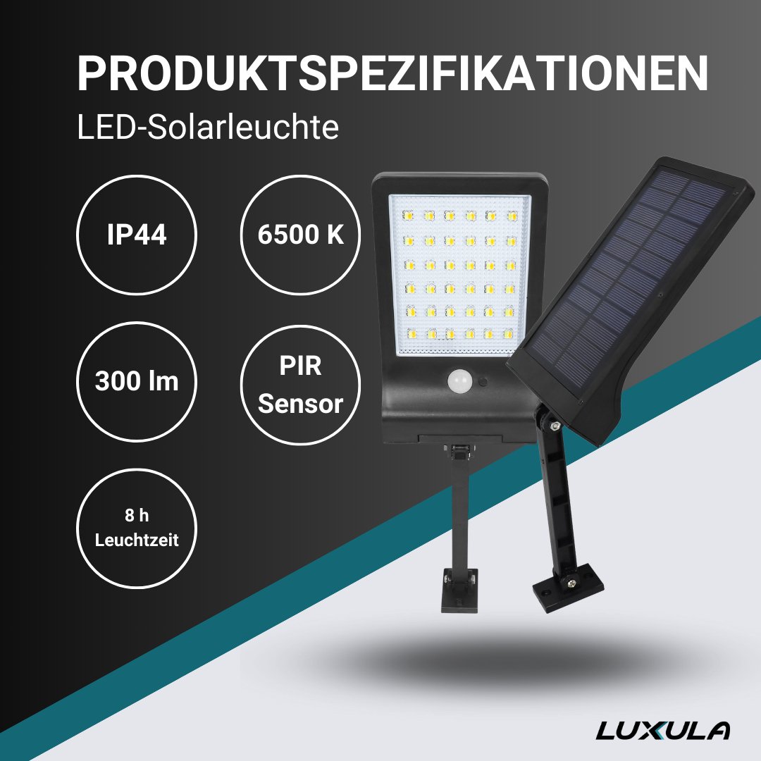 Solar-Wandleuchte mit PIR-Sensor, 8 Stunden Lichtzeit, IP44-geschützt und in kaltweiß.