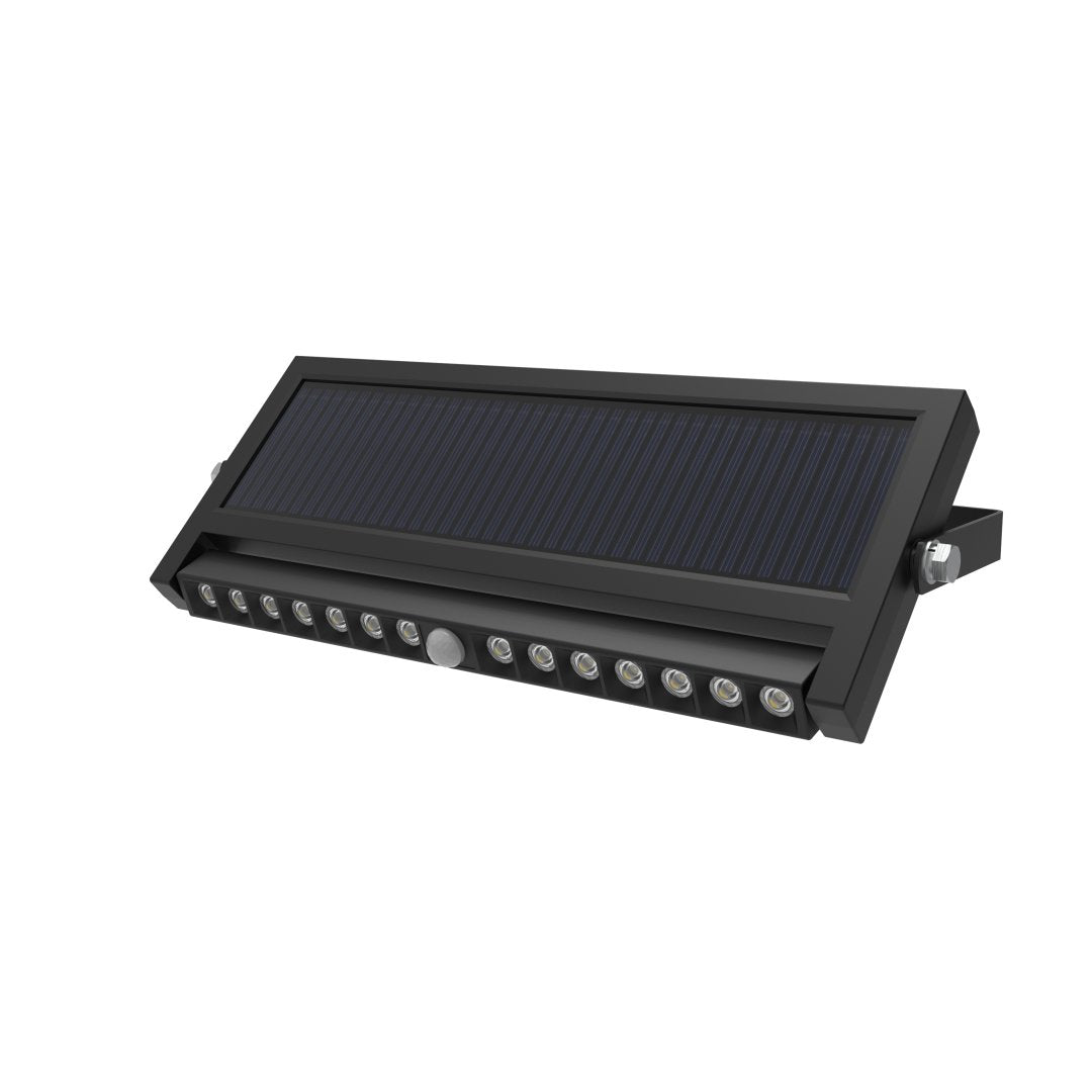 Solar Wandleuchte mit PIR-Sensor, Outdoorleuchte, 10W, 1000lm, 6500K, IP54, schwenkbare LED-Lichtleiste.