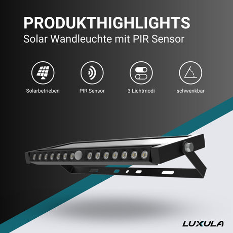 Solar Wandleuchte mit PIR-Sensor, Outdoorleuchte, 10W, 1000lm, 6500K, IP54, schwenkbare LED-Lichtleiste.