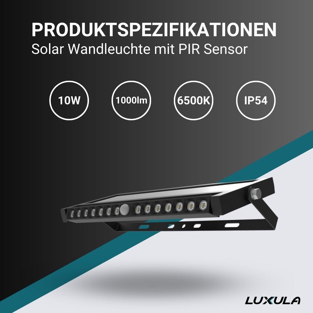 Solar Wandleuchte mit PIR-Sensor, Outdoorleuchte, 10W, 1000lm, 6500K, IP54, schwenkbare LED-Lichtleiste.