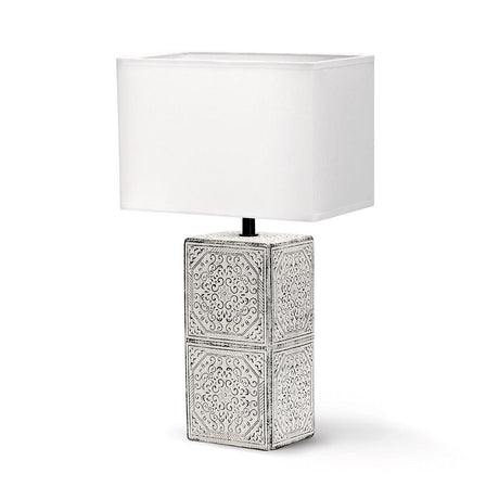 Stilsichere Tischlampe aus Keramik mit  weißem orientalischem Muster schwarz unterlegt und eckigen S.