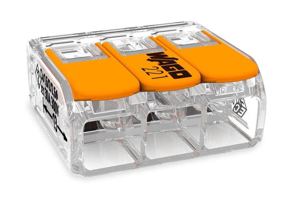 WAGO 221-613, 3-Leiter-Klemme, Leiteranschluss von 0,5 bis 6 mm², 32A, 400V.