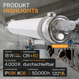 LED-Feuchtraumleuchte, 60 cm, 18 W, 2520 lm, 4000 K, IP69K, ammoniakbeständig, Brandschutz, durchschleifbar, Rohrleuchte