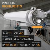 LED-Feuchtraumleuchte, 120 cm, 34 W, 5100 lm, 5700 K, IP69K, ammoniakbeständig, Brandschutz, durchschleifbar, Rohrleuchte
