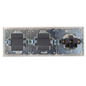 Einbau-Schutzkontakt-Steckdose mit 2 Wechselschaltern, 16 A, 250 V, weiß.