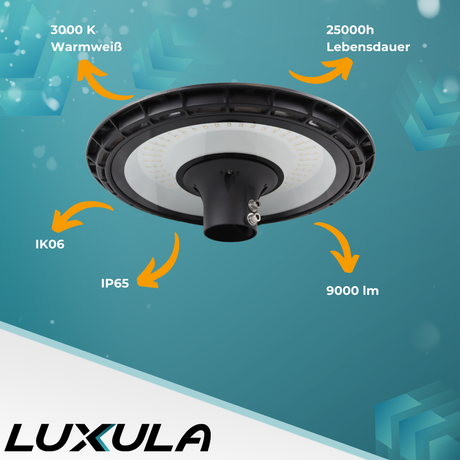 LED Straßenleuchte, rund, 90 W, 9000 lm, 3000 K (warmweiß), IP65, Parkanlage.