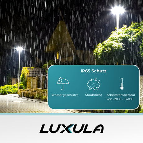 LED Straßenleuchte, rund, 90 W, 9000 lm, 3000 K (warmweiß), IP65, Parkanlage.