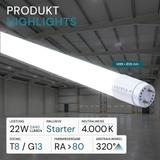 LED T8 Röhre, 150 cm, 120 lm/W, 22 W, 2640 lm, 4000 K (neutralweiß), mit Brücke