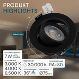LED CCT Downlight, dimmbar, schwenkbar, in Schwarz, 7 W, 600 lm, 3000 - 6500 K (einstellbar), 38°, Einbaustrahler