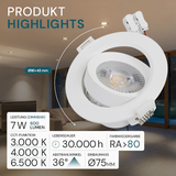 LED CCT Downlight, dimmbar, schwenkbar, in Weiß, 7 W, 600 lm, 3000 - 6500 K (einstellbar), 38°, Einbaustrahler