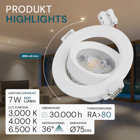 LED CCT Downlight, dimmbar, schwenkbar, in Weiß, 7 W, 600 lm, 3000 - 6500 K (einstellbar), 38°, Einbaustrahler