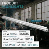 2er Pack LED Wannenleuchte 120cm, inkl 2x18W LED-Röhren T8, 4000K, IP65, IK08
