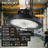 LED-HighBay, Sensor-Ready, UFO, anpassbare Leistung 60-100 W, 4000 K (neutralweiß), 9600-16000 lm, dimmbar, 60°/90°/120° Abstrahlwinkel, IP65, MOSO, hohe Energieeffizienz