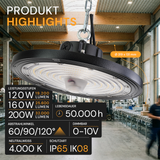 LED-HighBay, Sensor-Ready, UFO, anpassbare Leistung 120-200 W, 4000 K (neutralweiß), 19200-32000 lm, dimmbar, 60°/90°/120° Abstrahlwinkel, IP65, MOSO, hohe Energieeffizienz