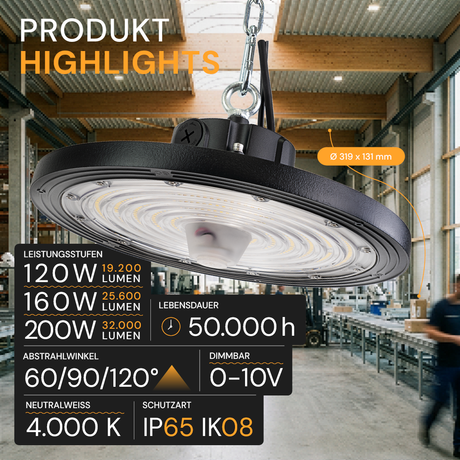 LED-HighBay, Sensor-Ready, UFO, anpassbare Leistung 120-200 W, 4000 K (neutralweiß), 19200-32000 lm, dimmbar, 60°/90°/120° Abstrahlwinkel, IP65, MOSO, hohe Energieeffizienz