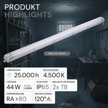 LED-Wannenleuchte, 44 W, 4000 lm, 4500 K, 158,5 cm, IP65, 2 Flammig