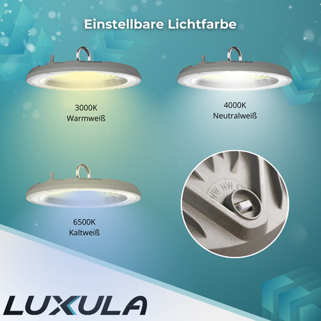 2er-Pack LED-Highbay, Hallenstrahler rund, grau, 100 W, 10000 lm, CCT 3000-6500 K (warm-, neutral-, kaltweiß), IP65.