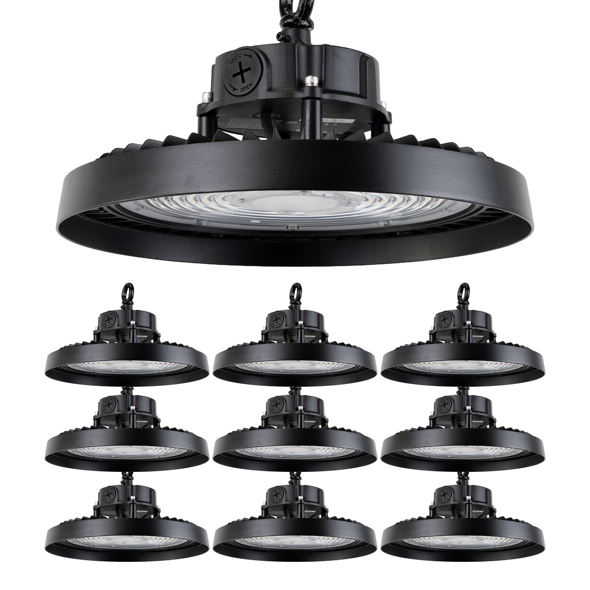 LED-Hallenstrahler, UFO, Leistung einstellbar, 100/150/200W, 4000 K (neutralweiß), 17000-34000 lm, IP65, LIFUD, 0-10V dimmbar, 3-in-1 Leuchte, hohe Energieeffizienz