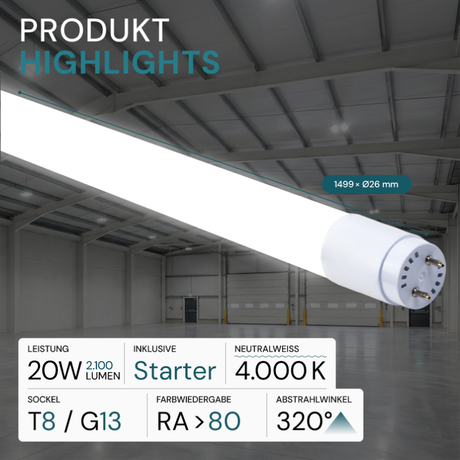 LED T8 Röhre, 150 cm, 20 W, 2100 lm, 4000 K (neutralweiß), drehbar, mit Brücke
