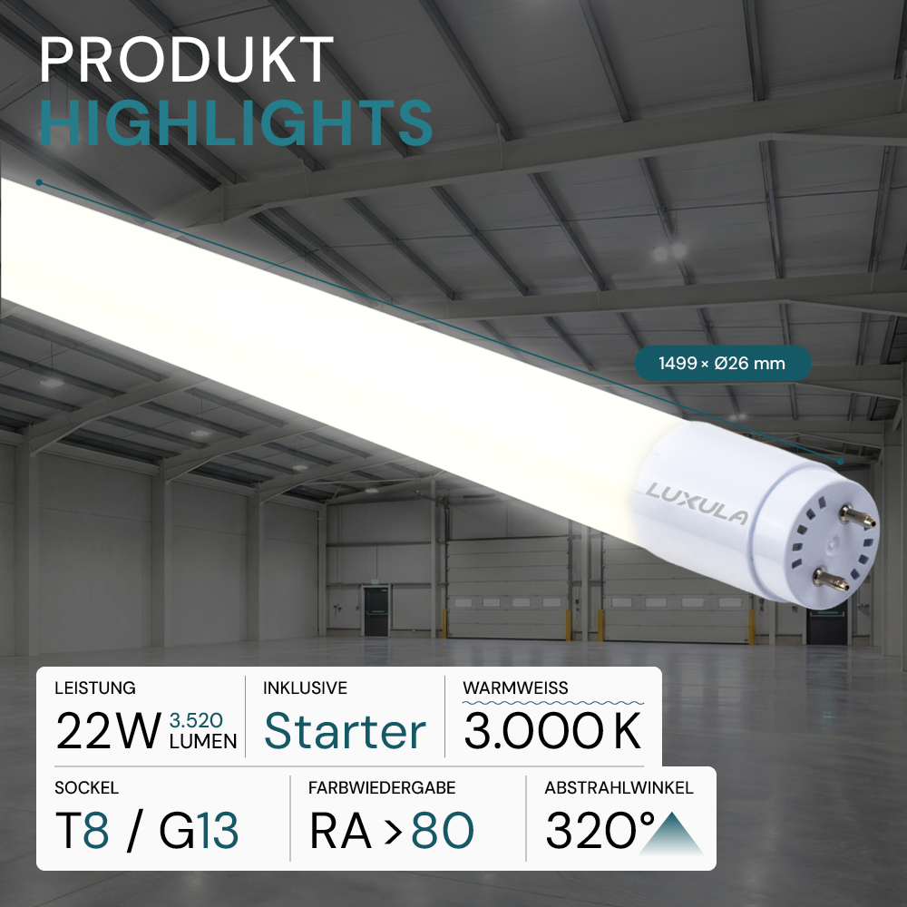LED T8 Röhre, 150 cm, 160 lm/W, 22 W, 3520 lm, 3000 K (warmweiß), mit Brücke, hohe Energieeffizienz