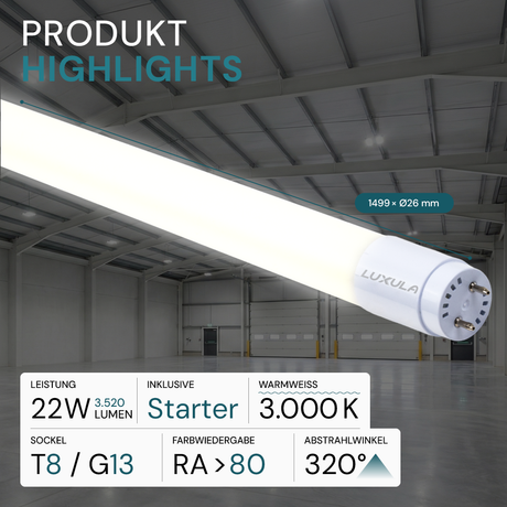 LED T8 Röhre, 150 cm, 160 lm/W, 22 W, 3520 lm, 3000 K (warmweiß), mit Brücke, hohe Energieeffizienz