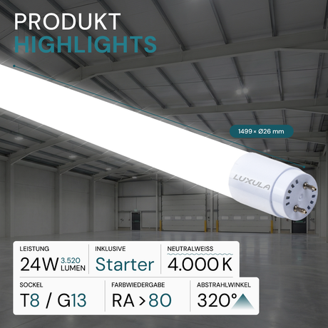 LED T8 Röhre, 150 cm, 160 lm/W, 22 W, 3520 lm, 4000 K (neutralweiß), mit Brücke, hohe Energieeffizienz