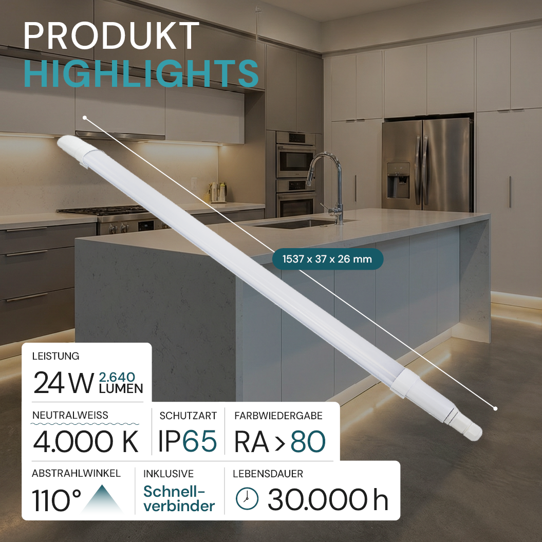 LED Feuchtraumleuchte, 150 cm, 24 W, 2640 lm, 4000 K (neutralweiß), IP65, Fast Connector