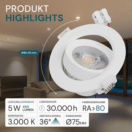 LED Downlight, schwenkbar, in Weiß, 5 W, 450 lm, 3000 K (warmweiß), 38°, Einbaustrahler