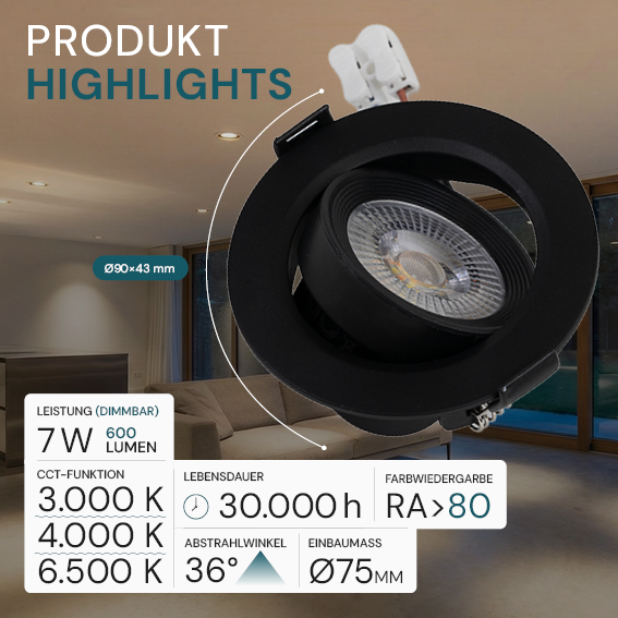 LED CCT Downlight, dimmbar, schwenkbar, in Schwarz, 7 W, 600 lm, 3000 - 6500 K (einstellbar), 38°, Einbaustrahler