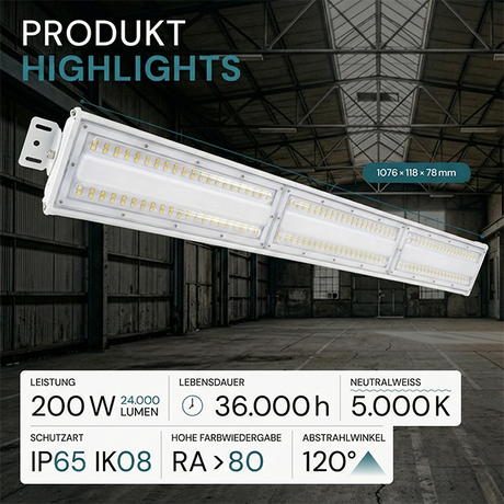 LED-Hallenleuchte, linear, 200 W, 24000 lm, 5000 K (neutralweiß), IP65, EPISTAR LED, weiß