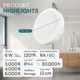 LED Aufbauleuchte in Weiß, 6W, 230 V, IP44-geschützt, 600 lm, Lichtfarbe einstellbar, Ø109x28 mm, Deckenleuchte mit Diffusor, Badezimmerlampe