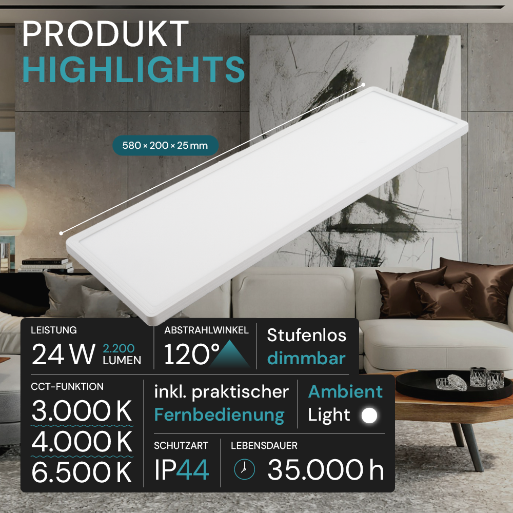 LED-Panel mit Fernbedienung, 58×20 cm, weiß, 24 W, 2200 lm, IP44 Wassergeschützt, Helligkeit und Lichtfarbe einstellbar