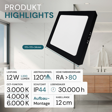 LED Aufbauleuchte in Schwarz, 12 W, 230 V, IP44-geschützt, 1200 lm, Lichtfarbe einstellbar, 173x34 mm, Deckenleuchte mit Diffusor, Badezimmerlampe